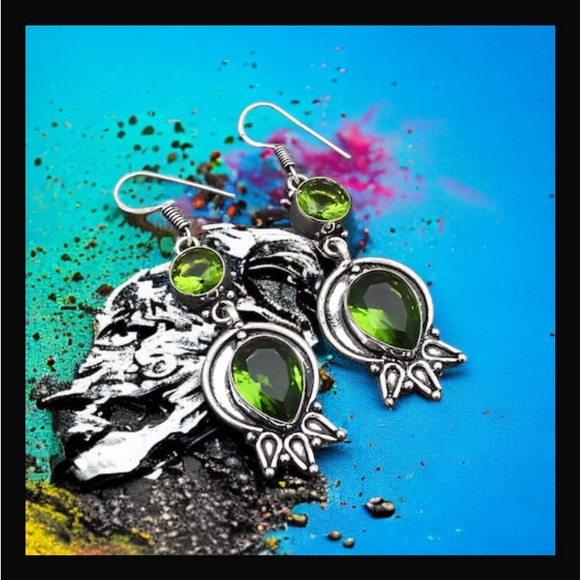 Peridot Handcrafted Drop Dangle Hook Style Earrings 2.32" Long Made In India NWT - Picture 3 of 16